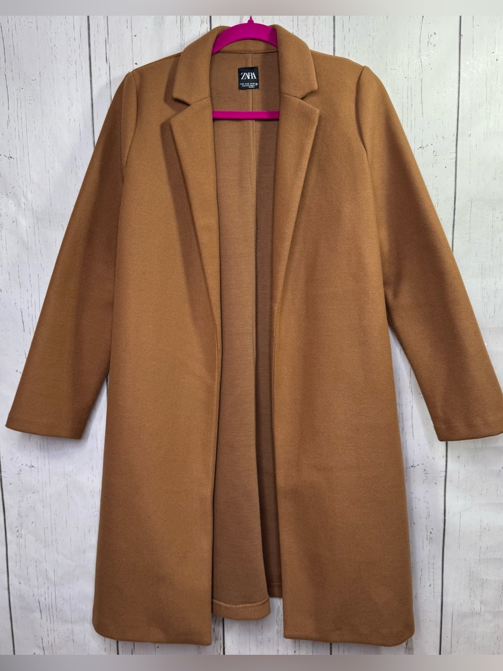 Zara Camel Longline Coat Size M Open Front Minimalist Quiet Luxury Classic Fall